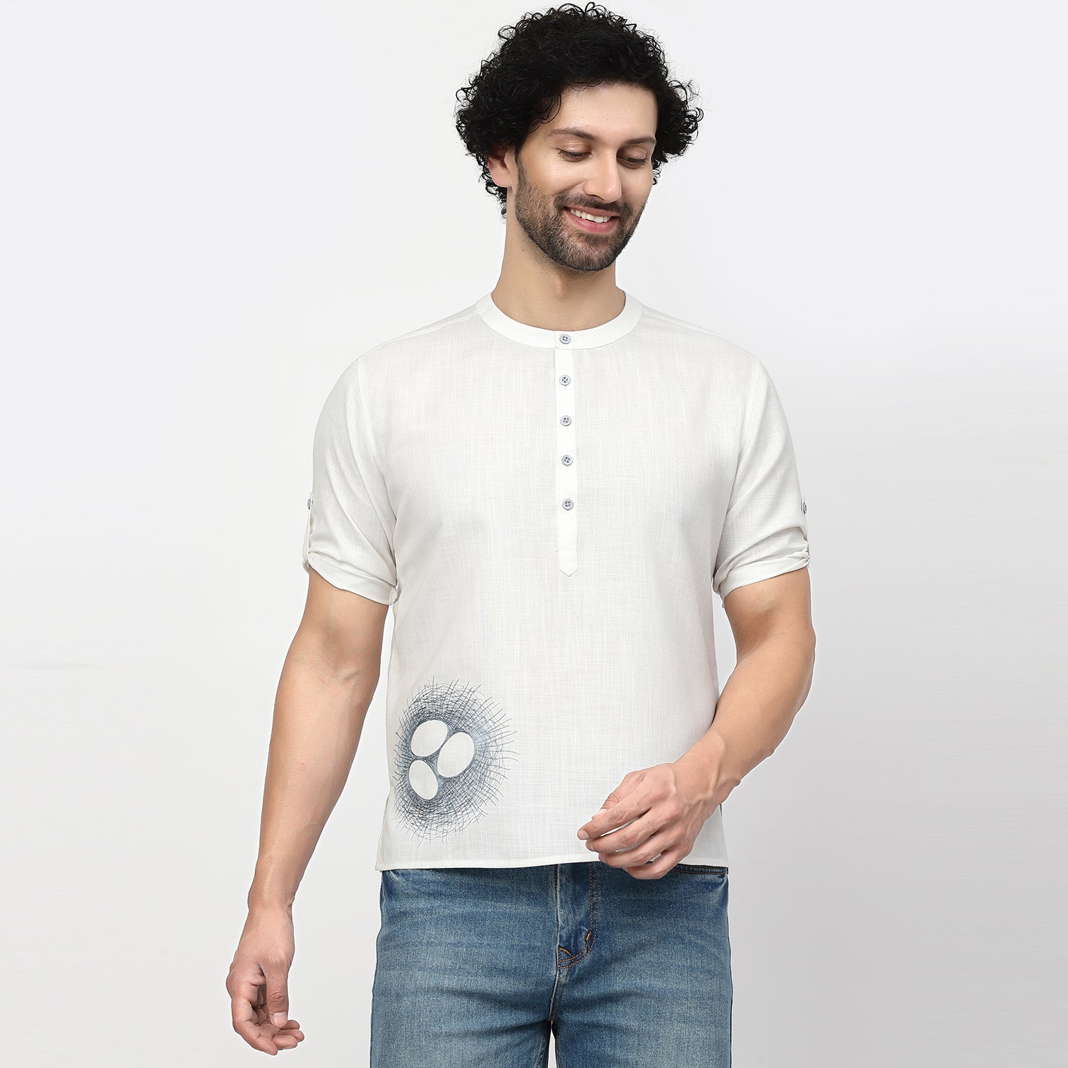 Linen Short Kurta With Nest Embroidery, men kurta ,designer kurta, Kurta design, kurta designs for men, men wear