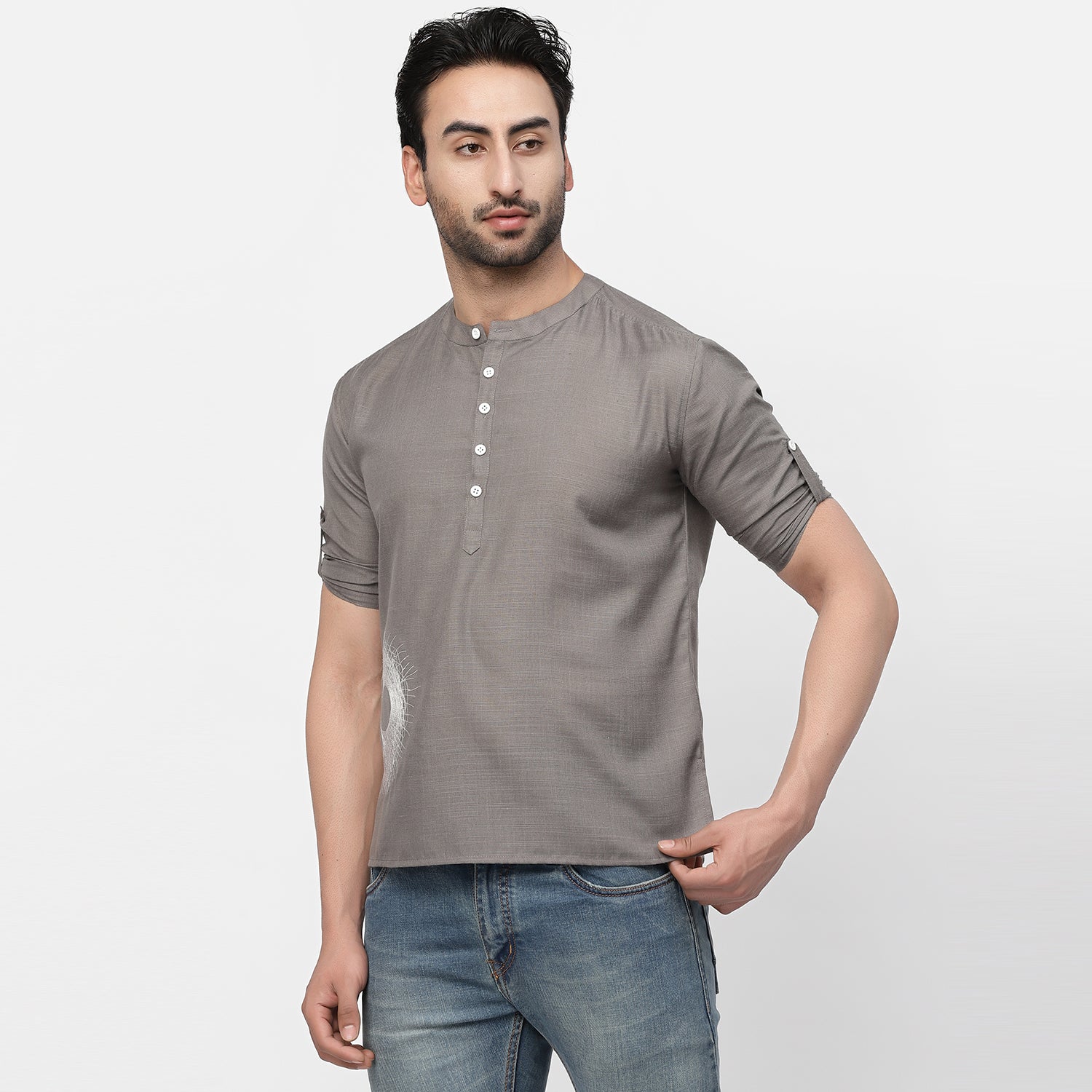 Linen Short Kurta With Nest Embroidery, men kurta ,designer kurta, Kurta design, kurta designs for men, men wear