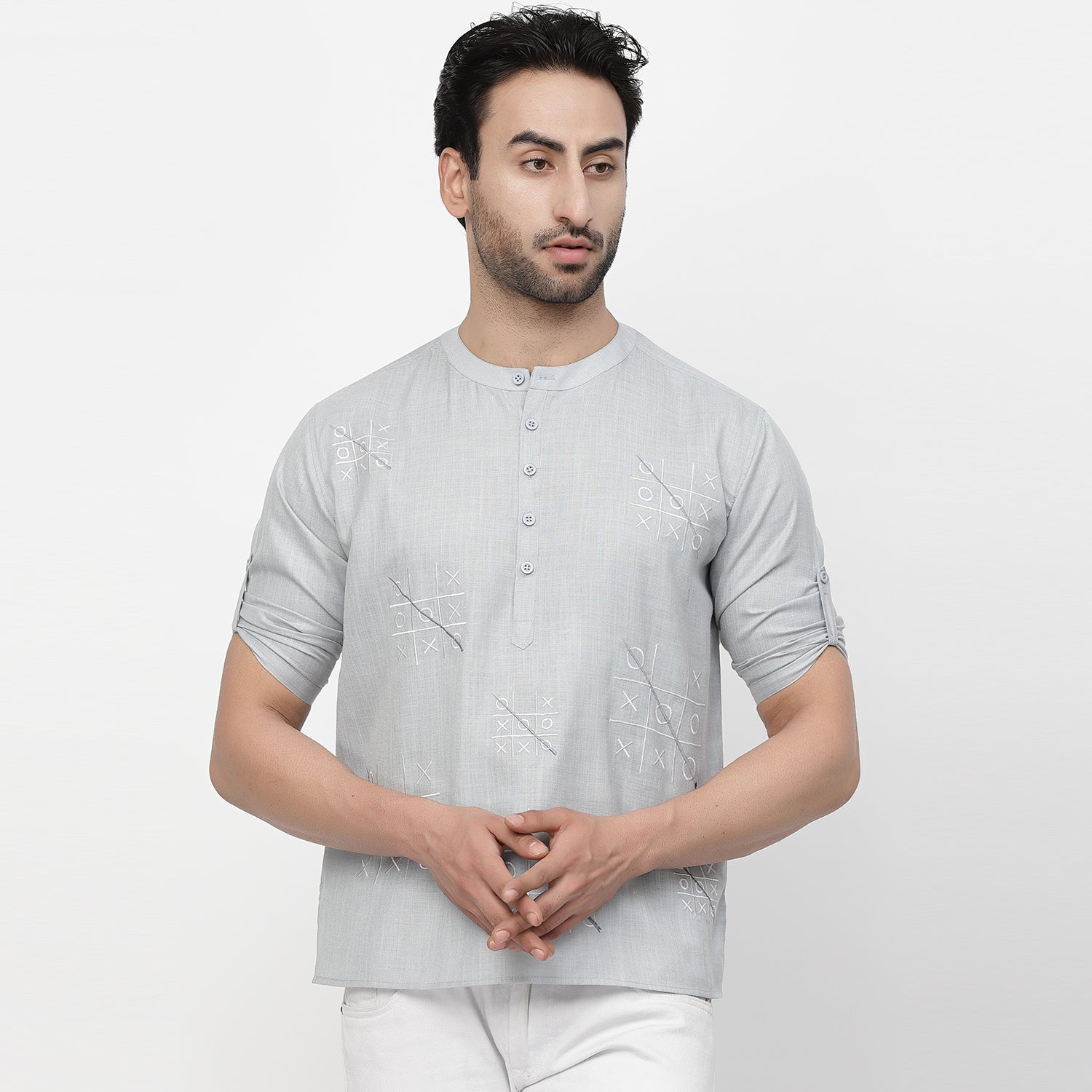 Linen Short Kurta With Tic-Tac-Toe Embroidery, men kurta ,designer kurta, Kurta design, kurta designs for men, men wear