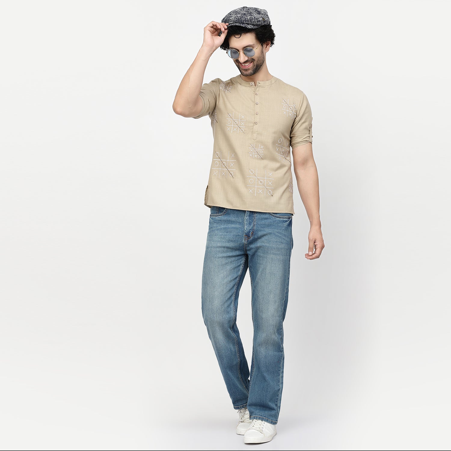 Linen Short Kurta With Tic-Tac-Toe Embroidery, men kurta ,designer kurta, Kurta design, kurta designs for men, men wear