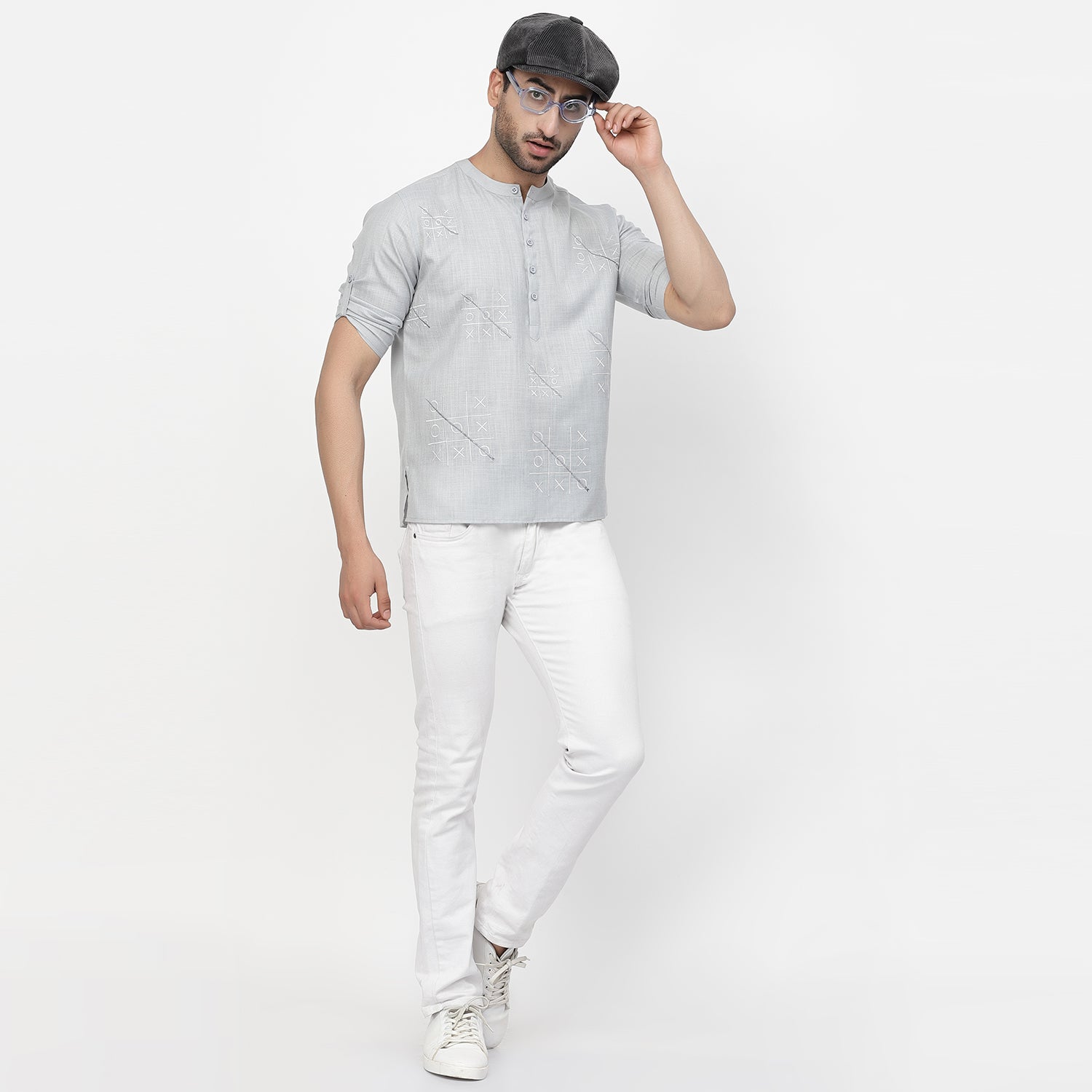 Linen Short Kurta With Tic-Tac-Toe Embroidery, men kurta ,designer kurta, Kurta design, kurta designs for men, men wear