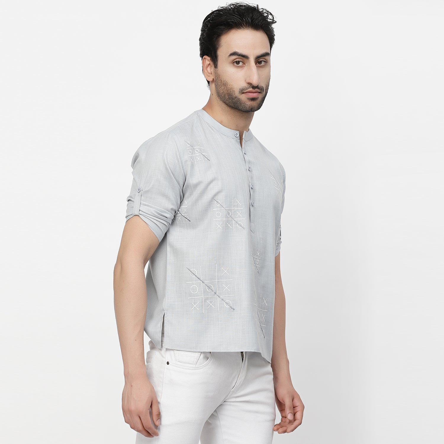 Linen Short Kurta With Tic-Tac-Toe Embroidery, men kurta ,designer kurta, Kurta design, kurta designs for men, men wear