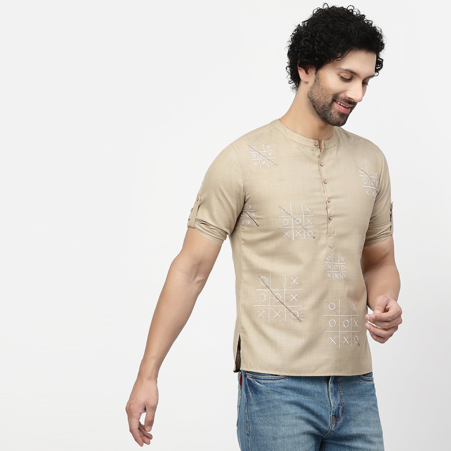 Linen Short Kurta With Tic-Tac-Toe Embroidery, men kurta ,designer kurta, Kurta design, kurta designs for men, men wear
