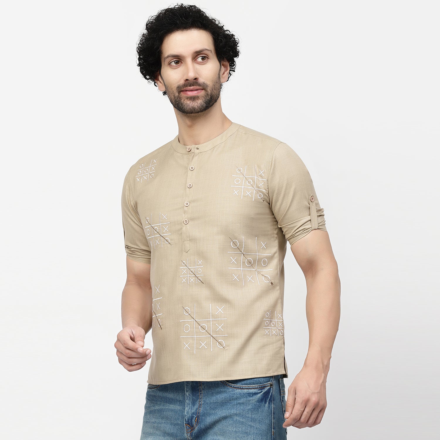 Linen Short Kurta With Tic-Tac-Toe Embroidery, men kurta ,designer kurta, Kurta design, kurta designs for men, men wear