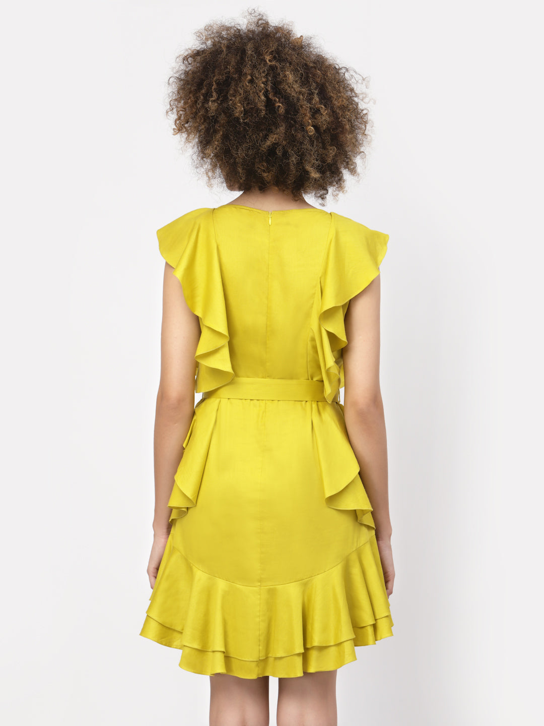 Yellow Without Sleeves Frill Dress With Tie Knot