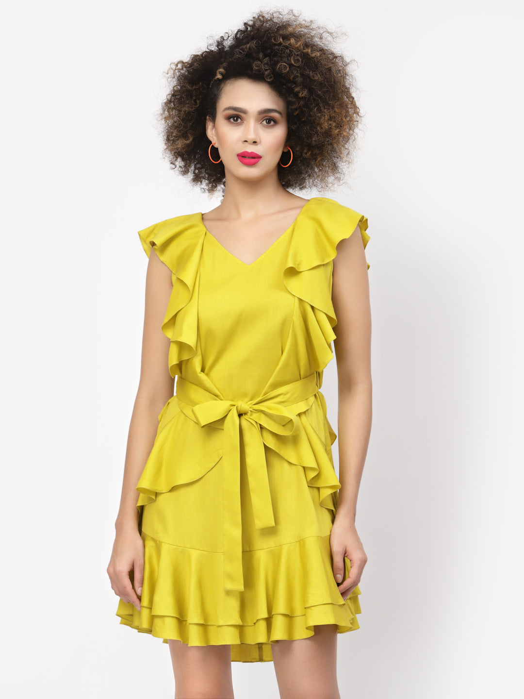 Yellow Without Sleeves Frill Dress With Tie Knot