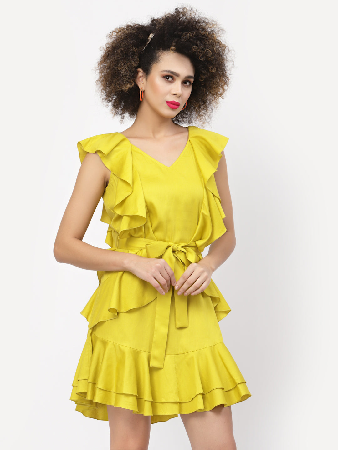 Yellow Without Sleeves Frill Dress With Tie Knot