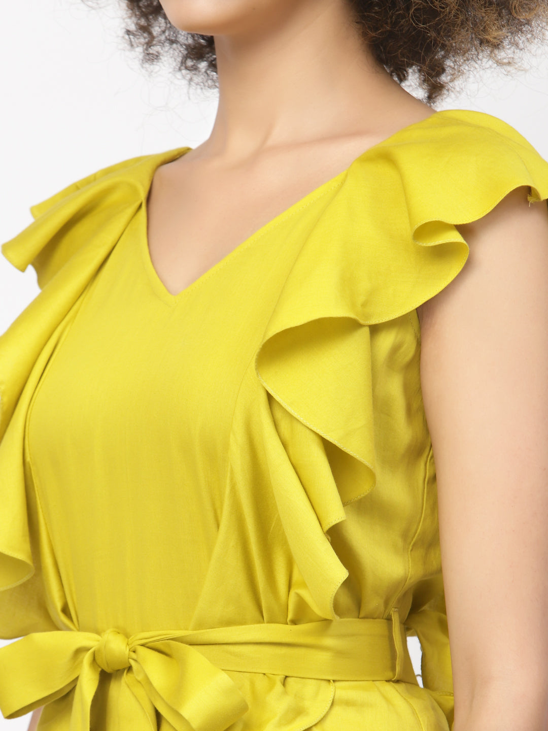 Yellow Without Sleeves Frill Dress With Tie Knot