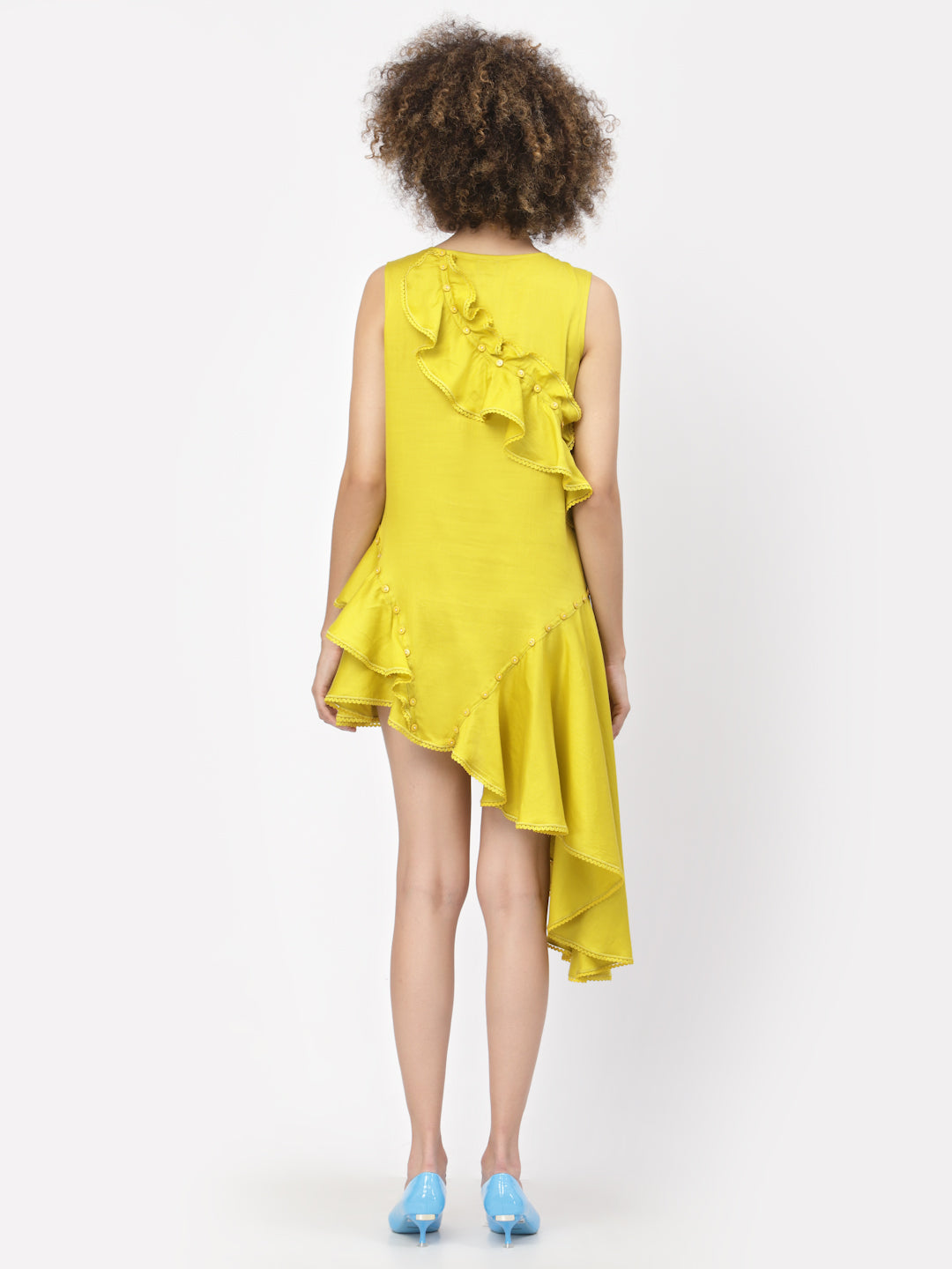 Yellow Cotton Ruffle Asymmetrical Dress