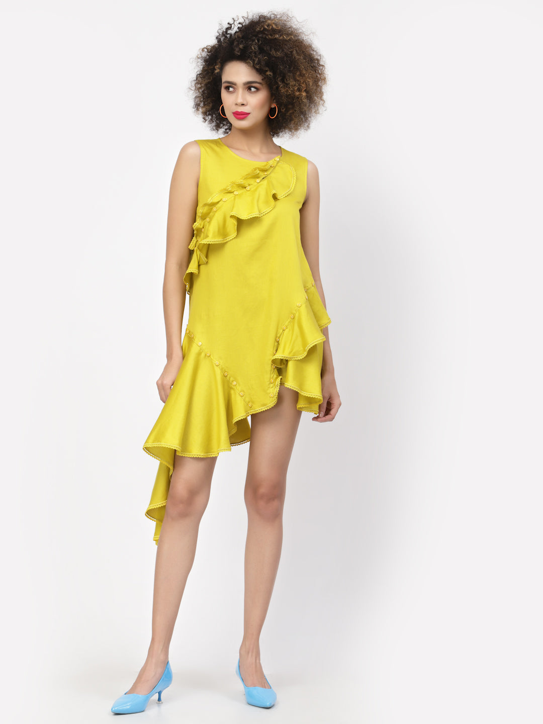 Yellow Cotton Ruffle Asymmetrical Dress