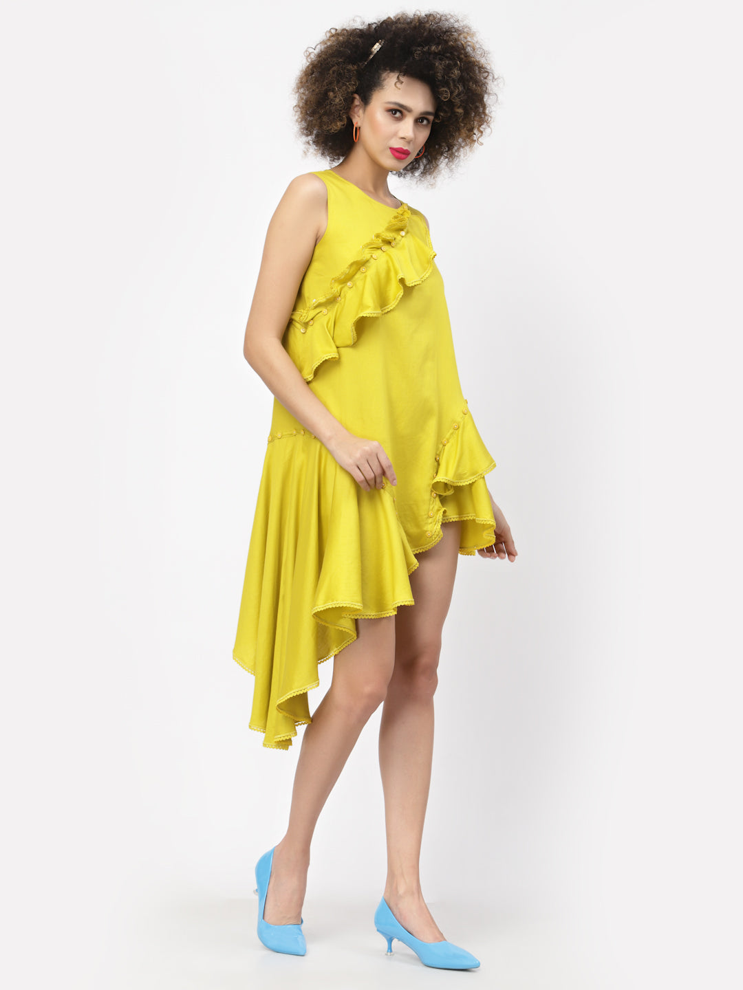 Yellow Cotton Ruffle Asymmetrical Dress