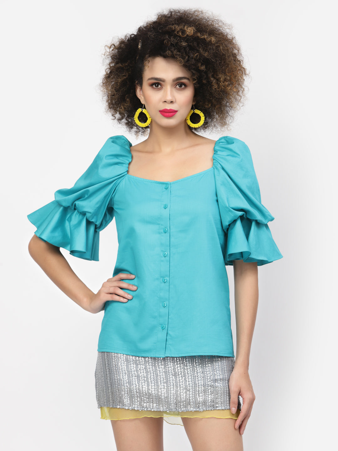 Turquoise Cotton Top with Stylish Puff Sleeves