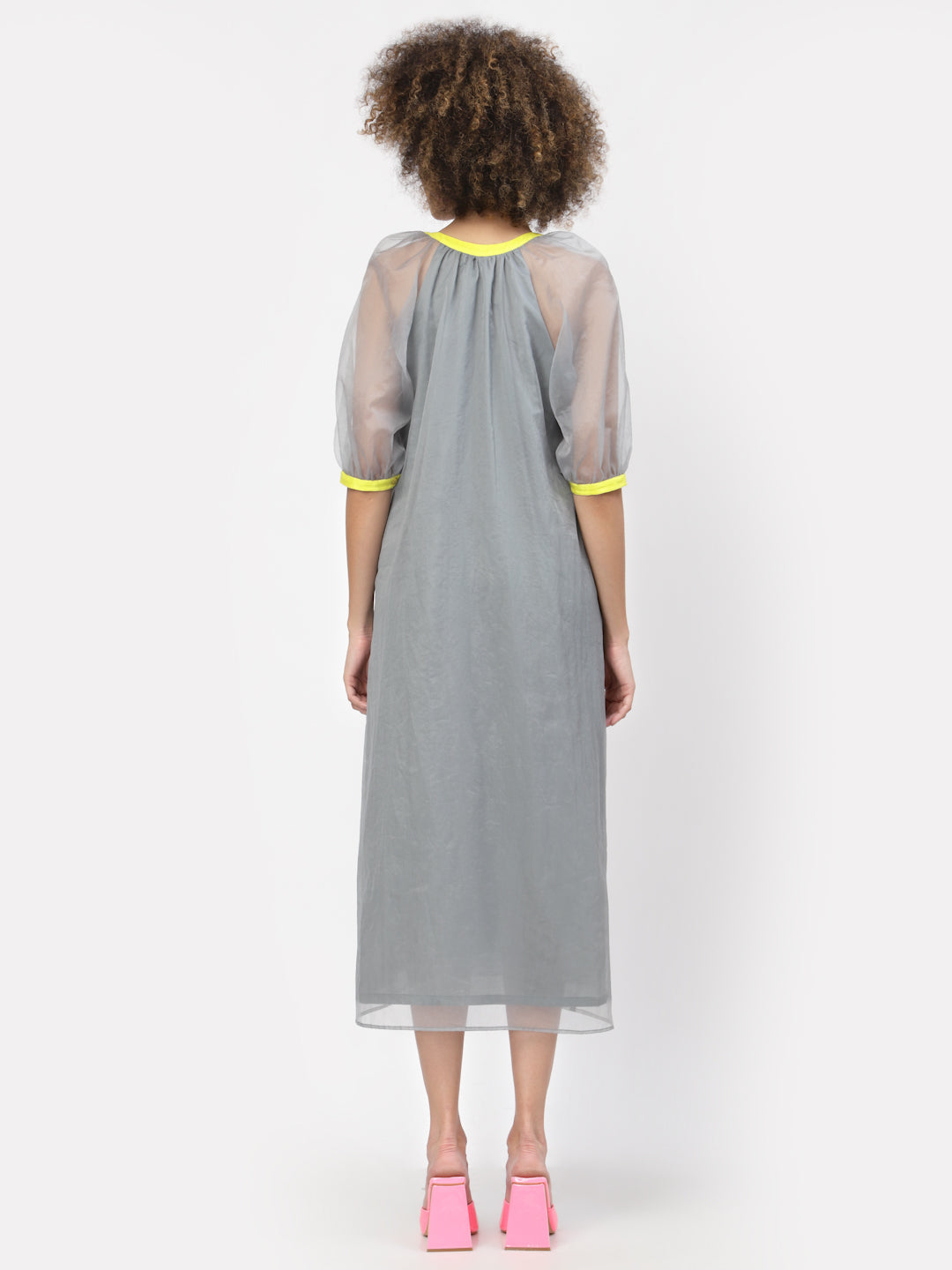 Grey Organza Dress With Puff Sleeves & Yellow Piping