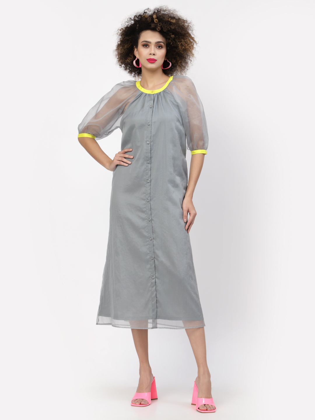 Grey Organza Dress With Puff Sleeves & Yellow Piping