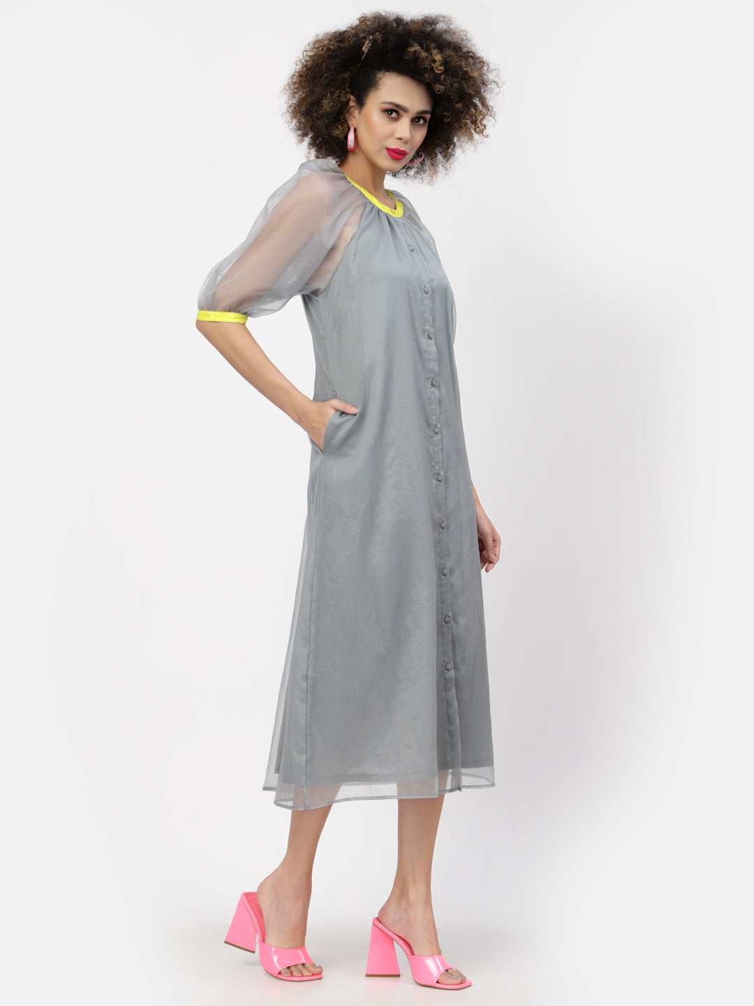 Grey Organza Dress With Puff Sleeves & Yellow Piping