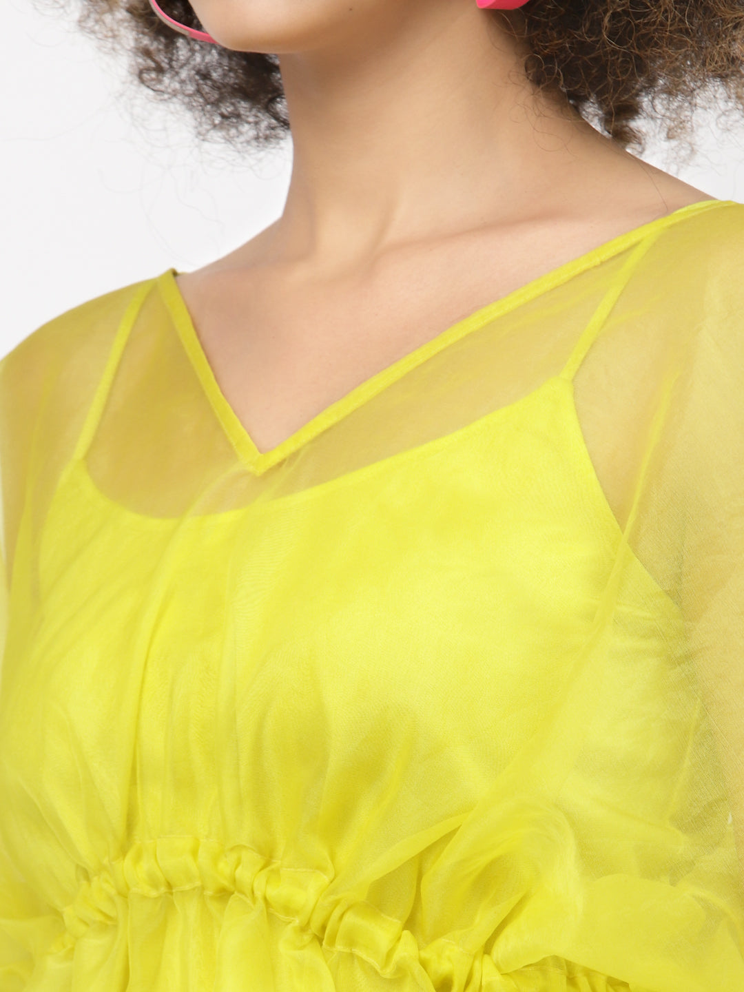 Neon Yellow Organza Drawstring Top With Yellow Spaghetti