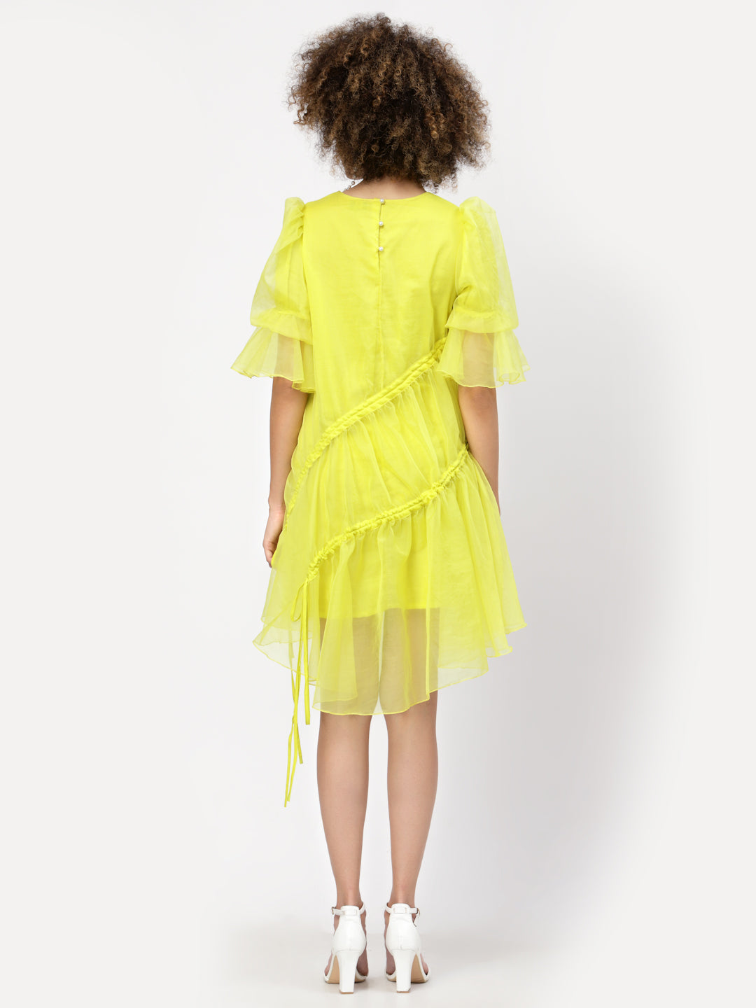 Neon Yellow Organza Asymmetrical Dress With Gather & Strings