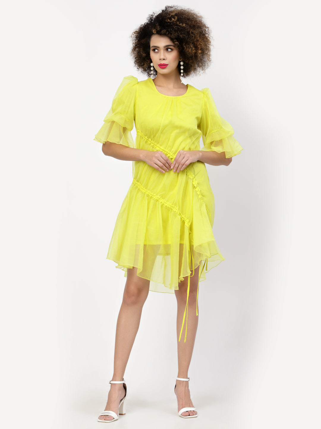 Neon Yellow Organza Asymmetrical Dress With Gather & Strings