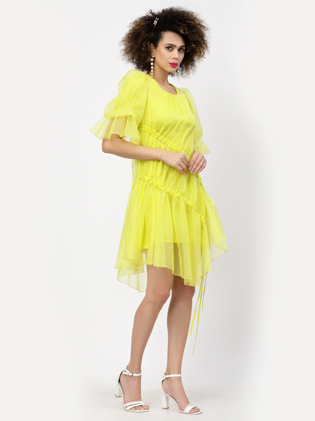 Neon Yellow Organza Asymmetrical Dress With Gather & Strings