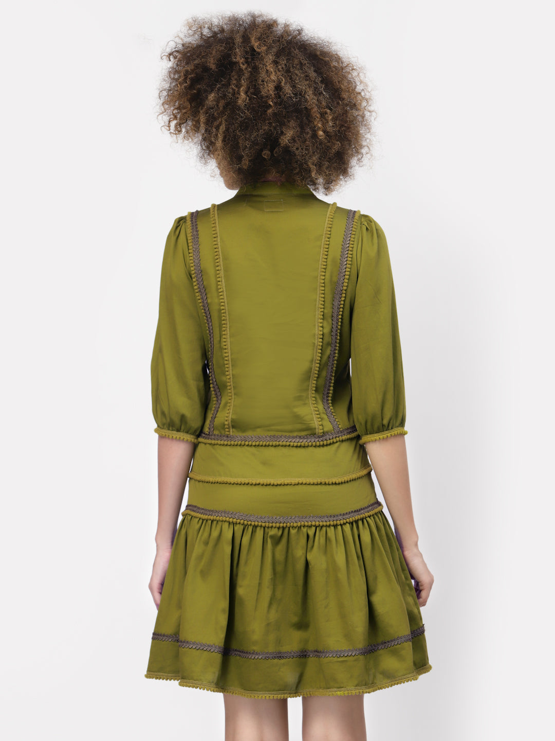 Olive Dress With Pom Pom Lace