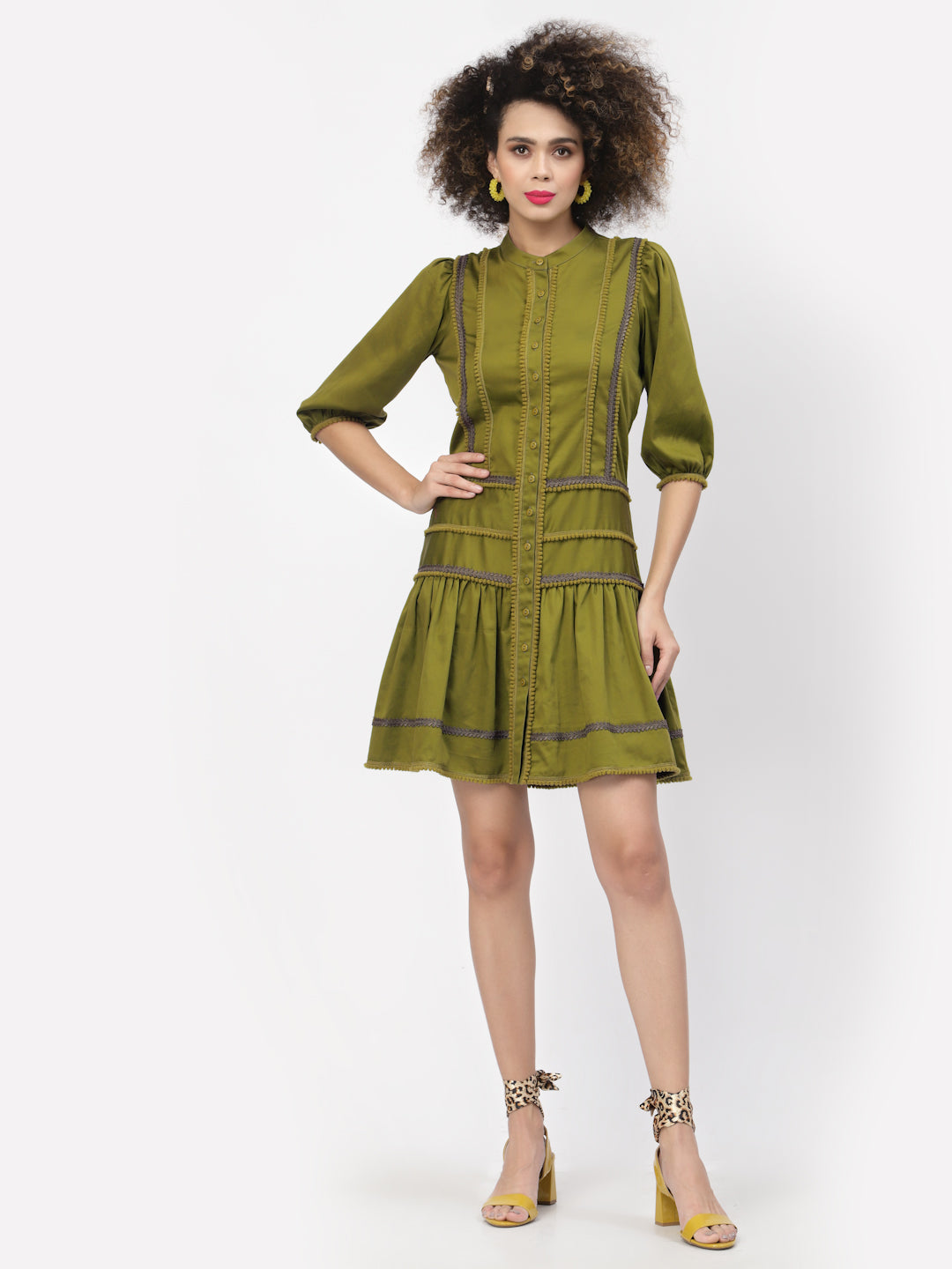 Olive Dress With Pom Pom Lace