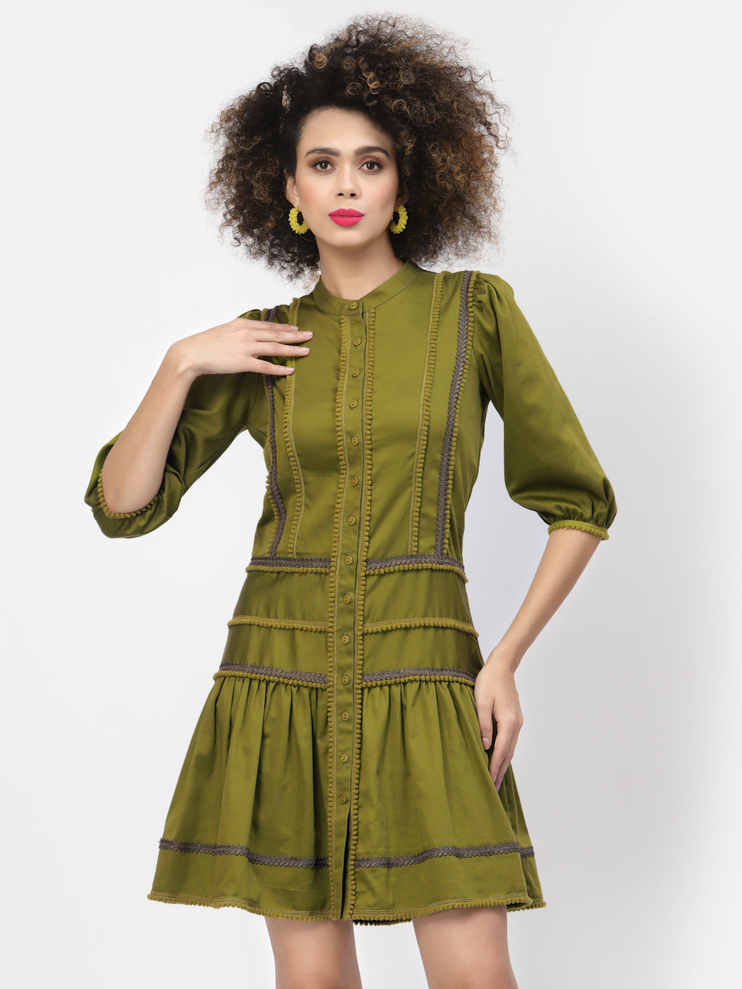 Olive Dress With Pom Pom Lace