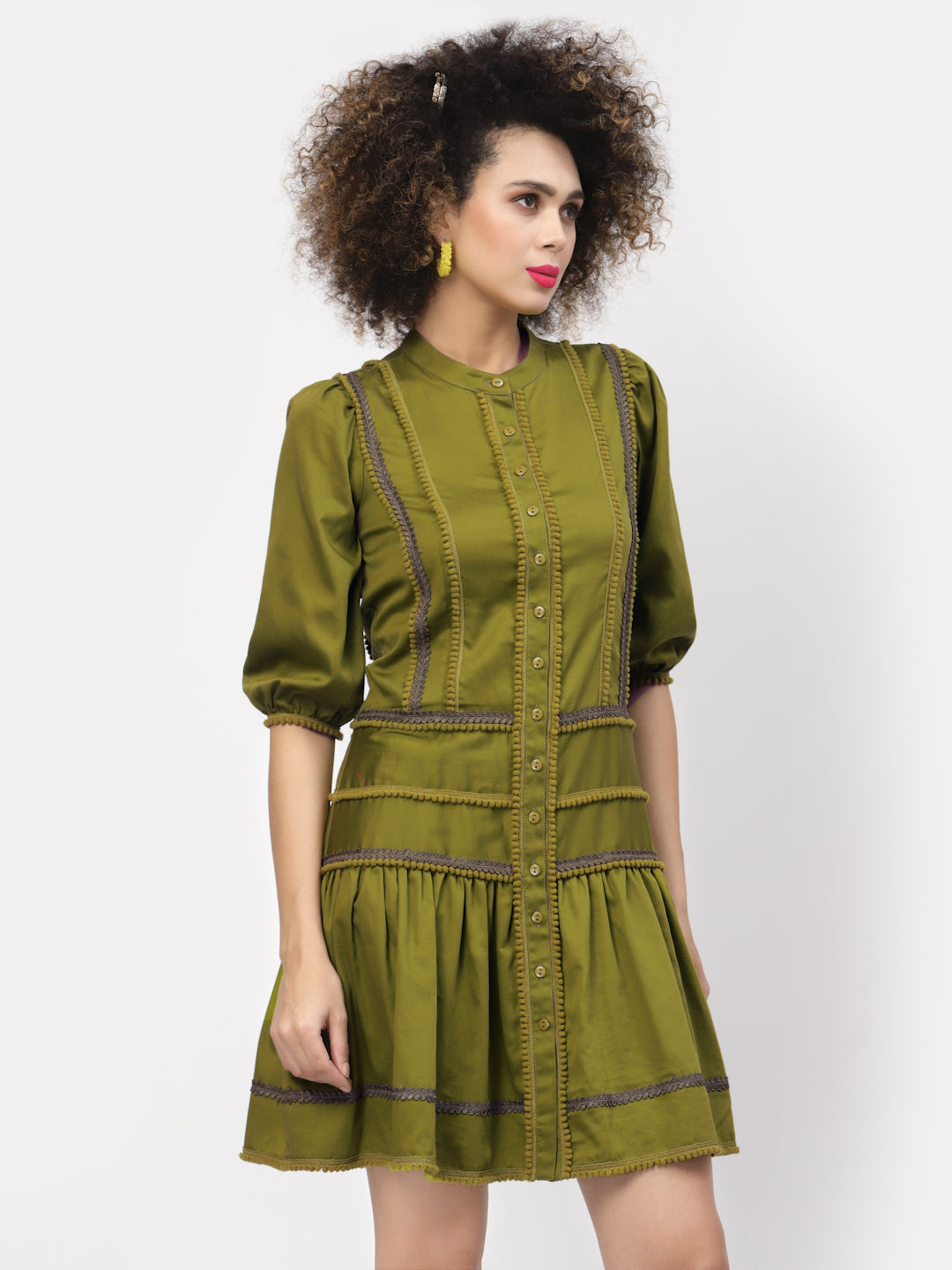 Olive Dress With Pom Pom Lace