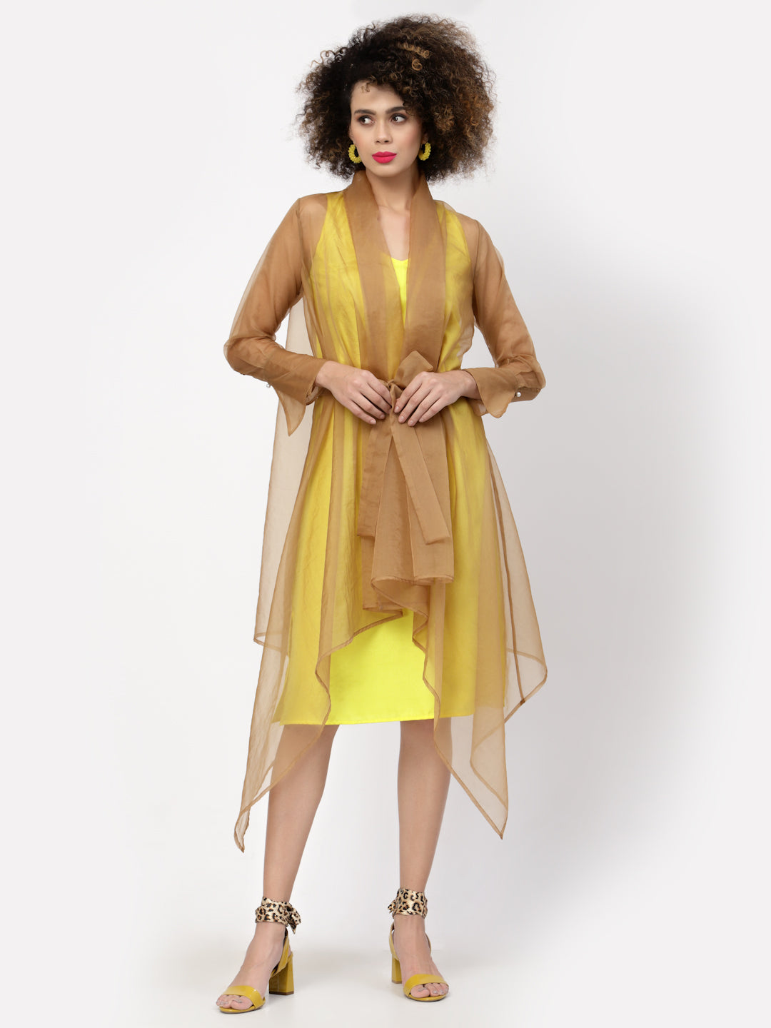 Beige Organza Drape Jacket With Yellow Inner