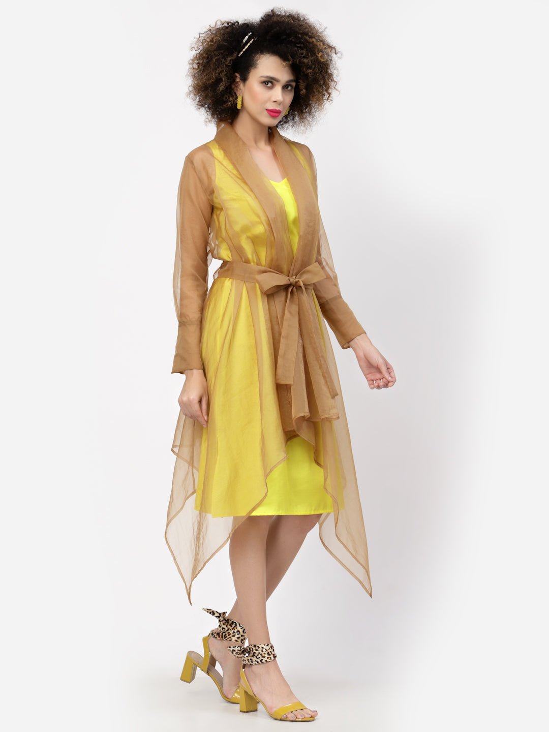 Beige Organza Drape Jacket With Yellow Inner