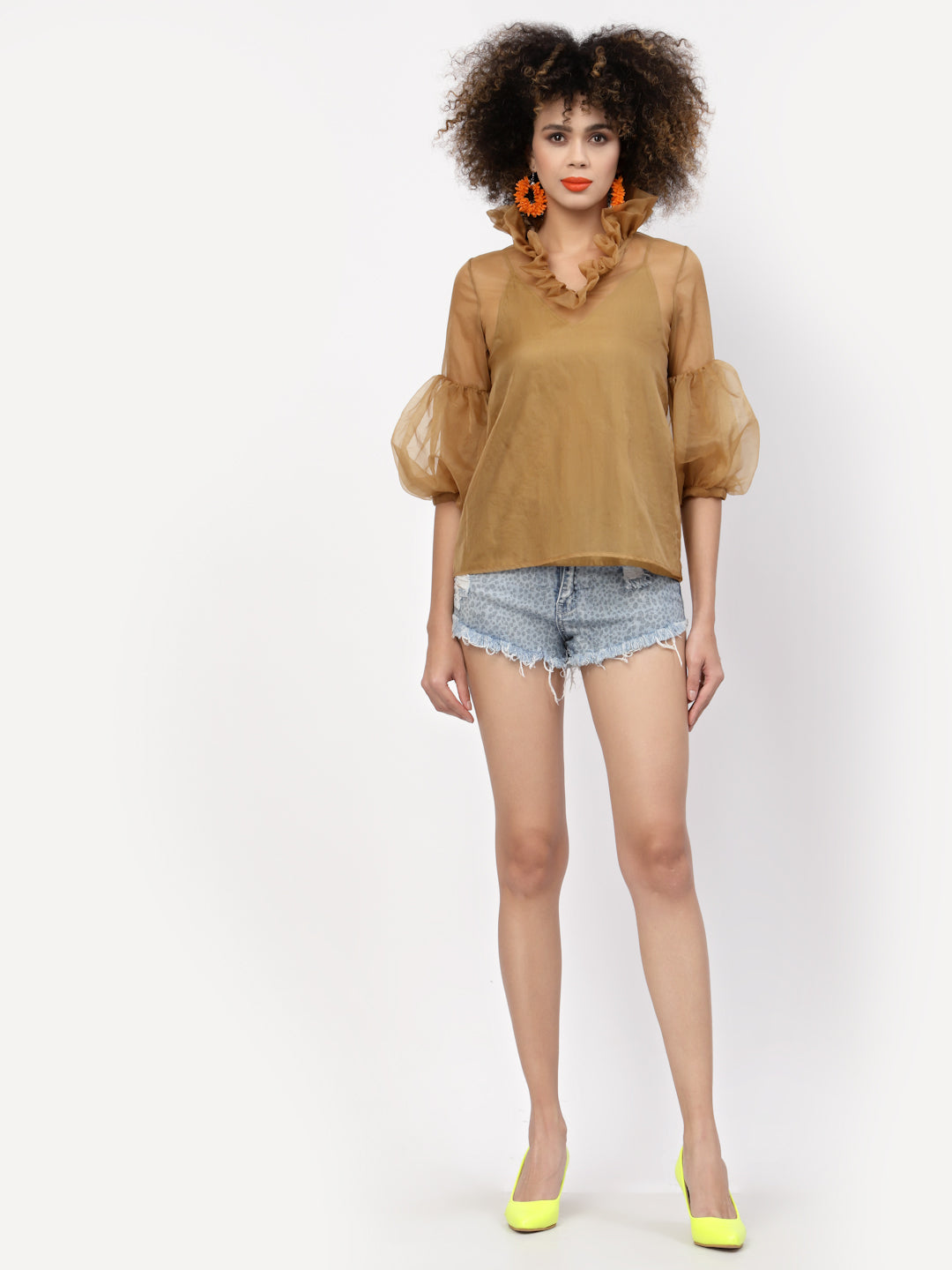 Beige Organza Top With Puff Sleeves & Lycra Inner