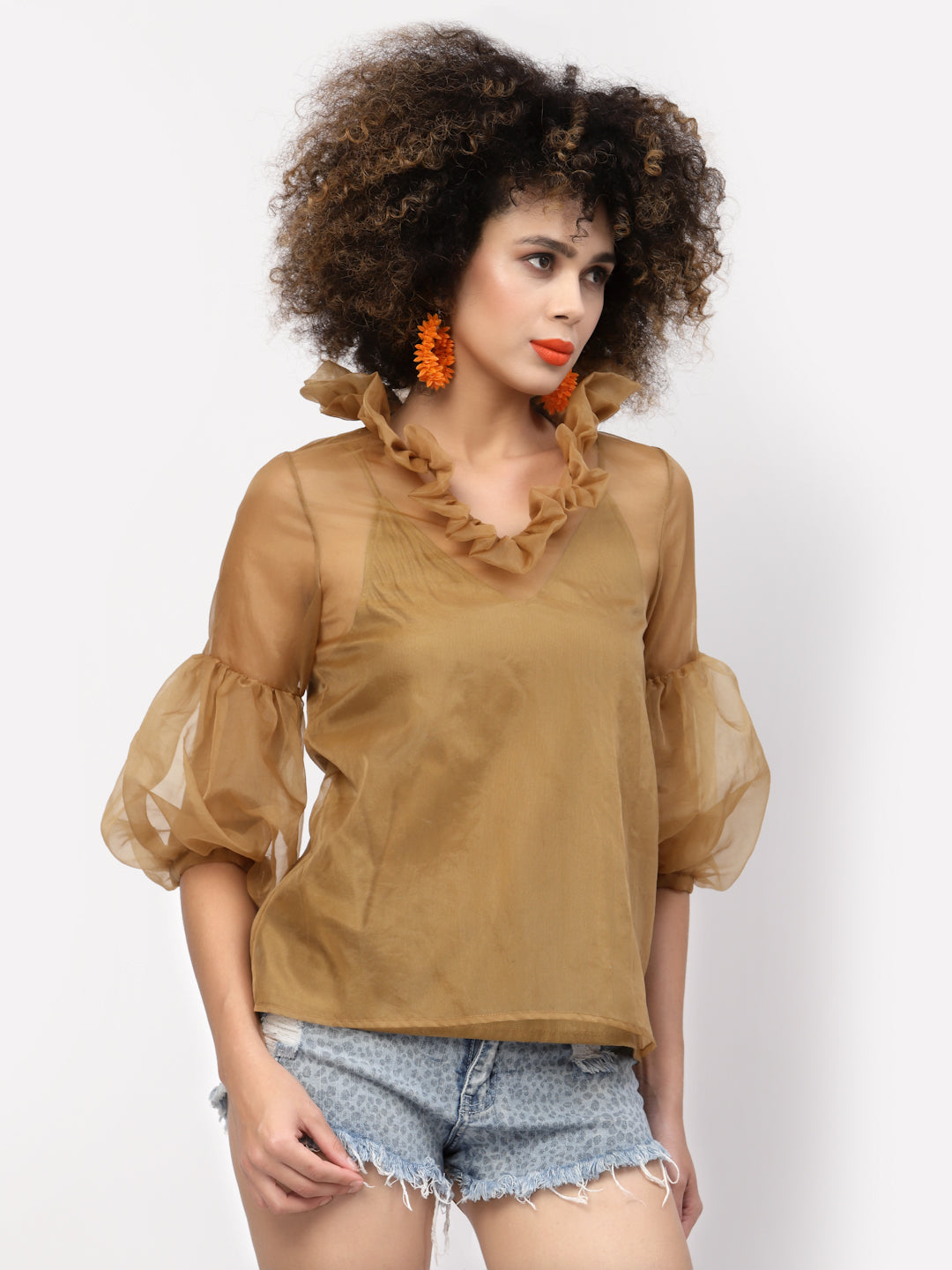 Beige Organza Top With Puff Sleeves & Lycra Inner