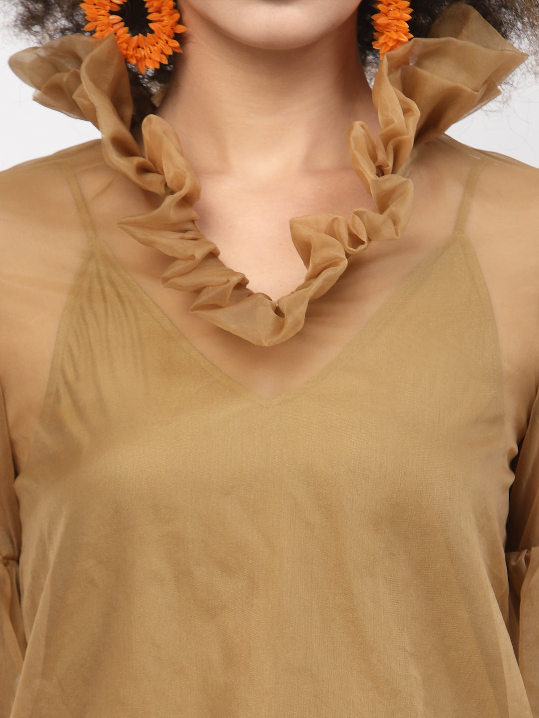 Beige Organza Top With Puff Sleeves & Lycra Inner