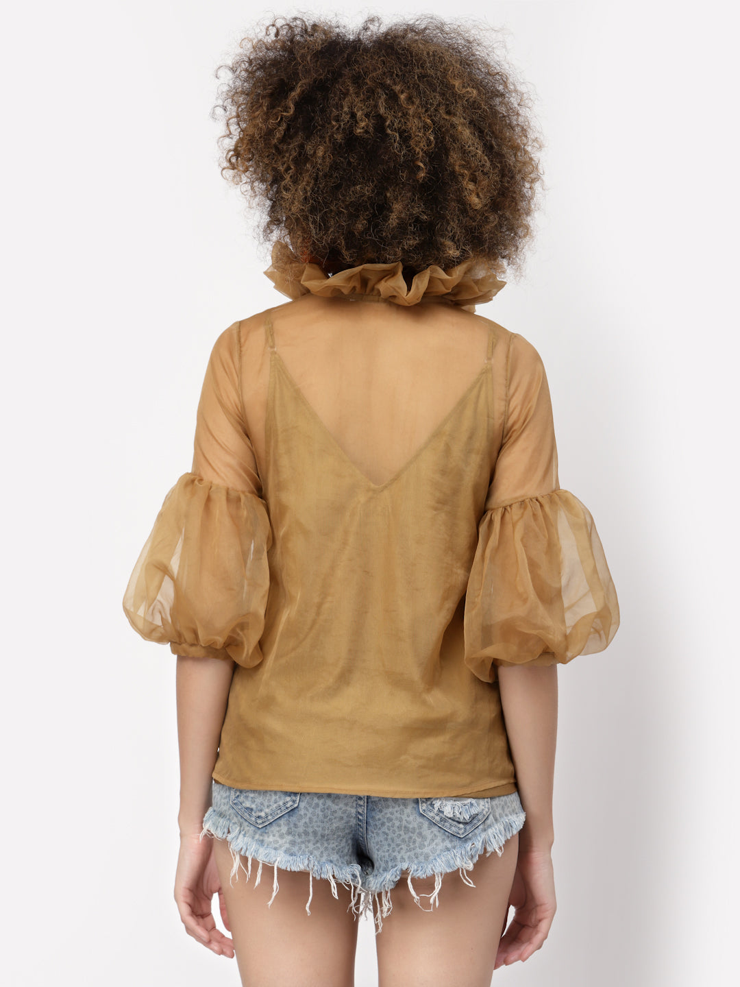 Beige Organza Top With Puff Sleeves & Lycra Inner