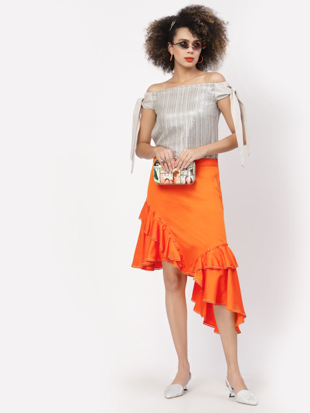 Orange Ruffle Skirt With Buttons