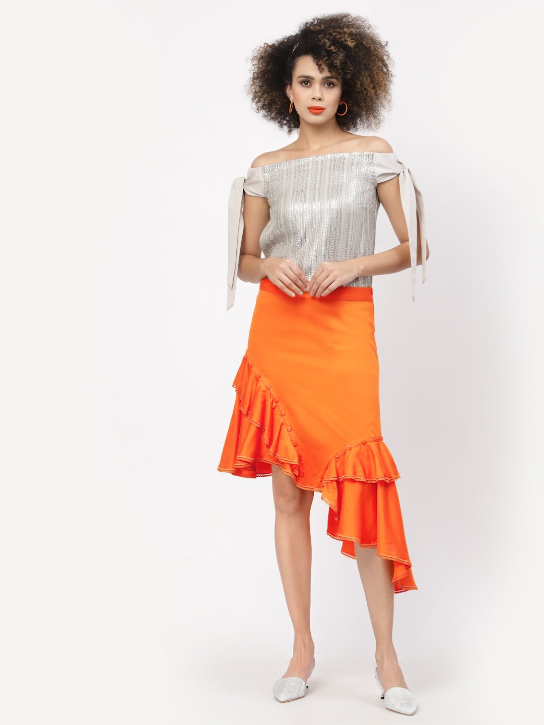 Orange Ruffle Skirt With Buttons