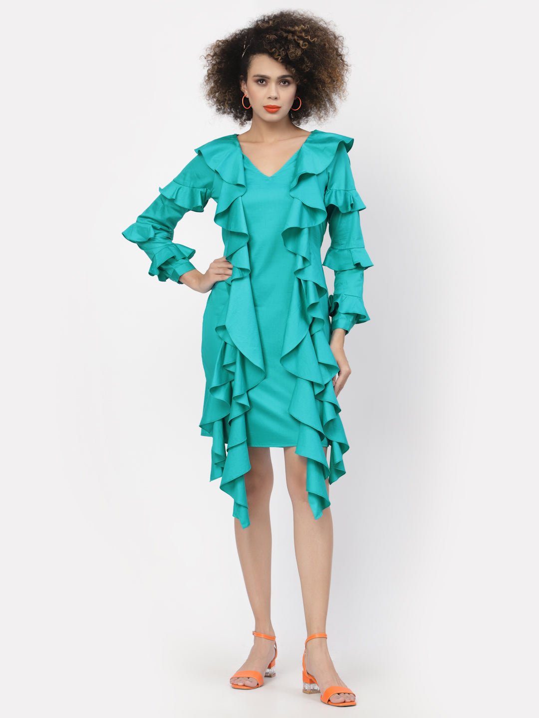 Turquoise Cotton Dress With Frill Sleeves & Tie Belt