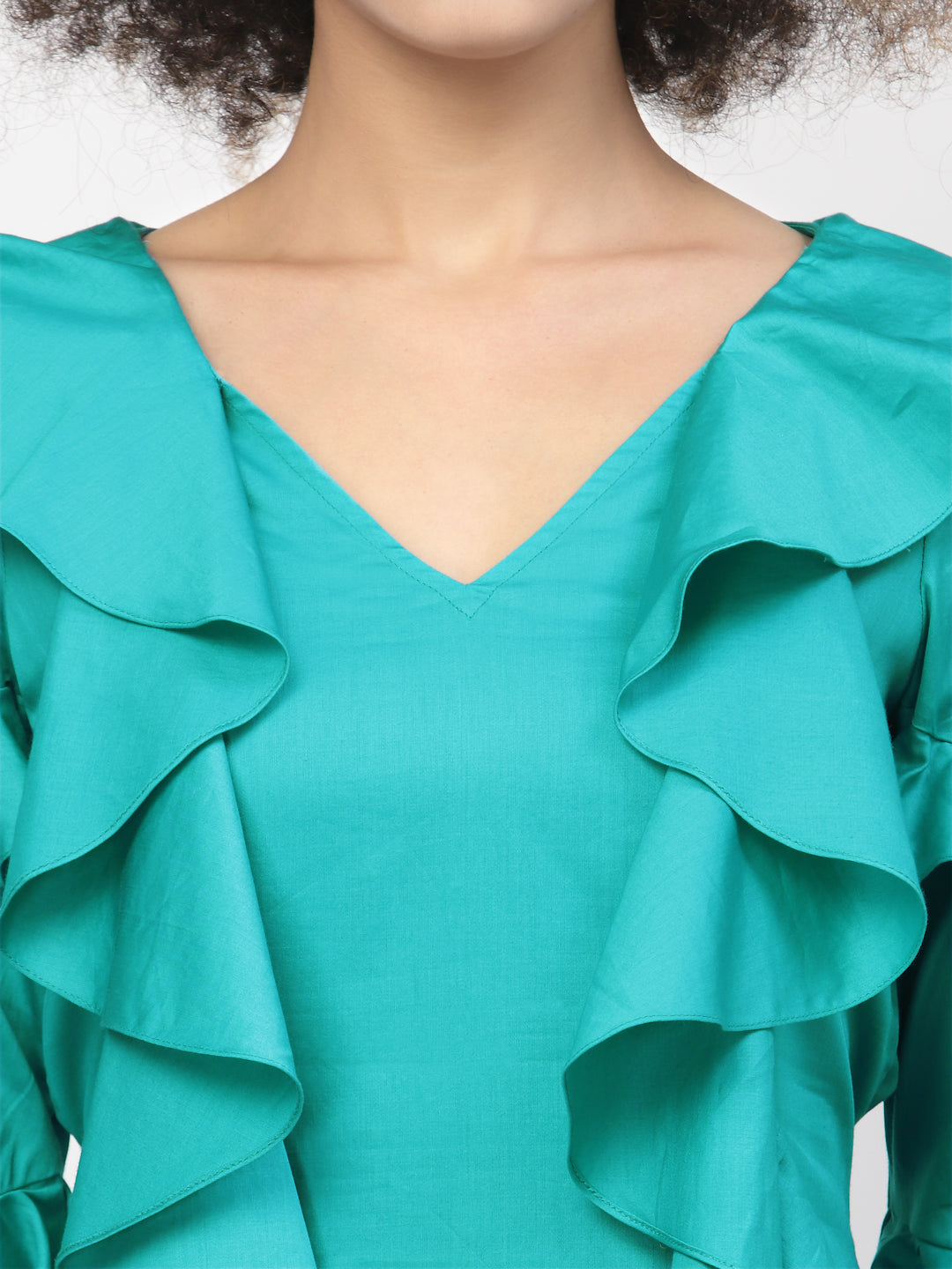 Turquoise Cotton Dress With Frill Sleeves & Tie Belt