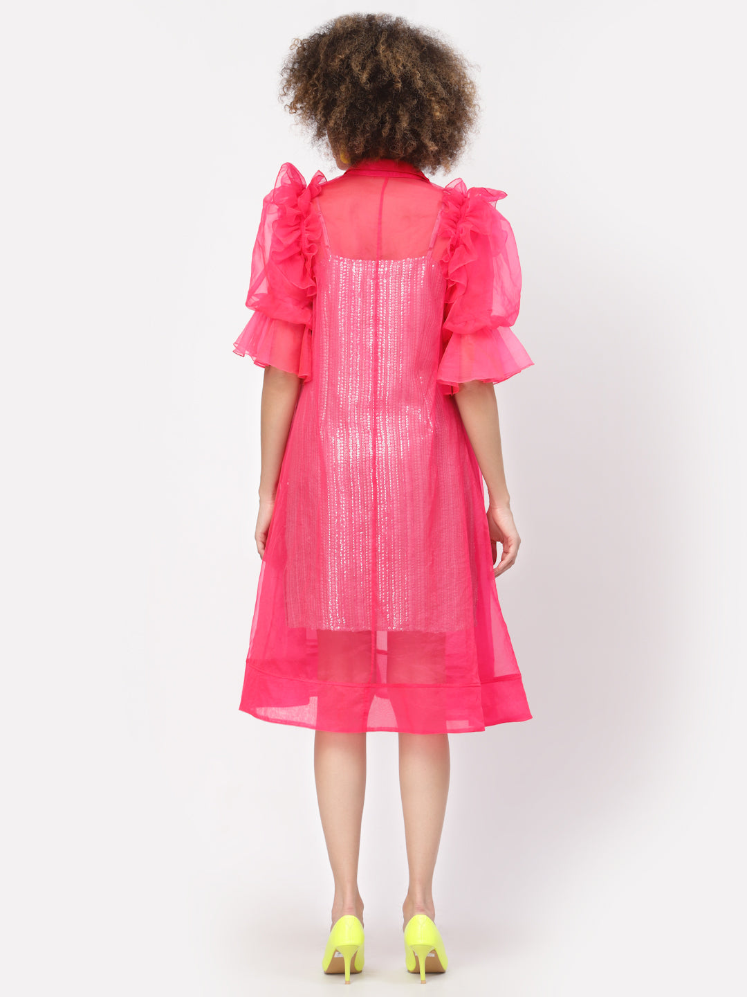 Neon Pink Organza Jacket With Puff Sleeves