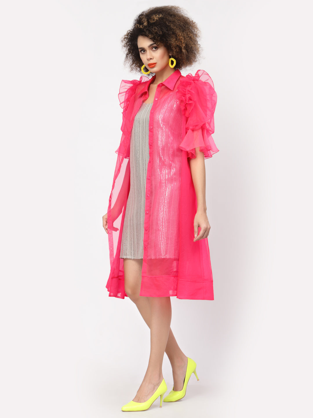 Neon Pink Organza Jacket With Puff Sleeves