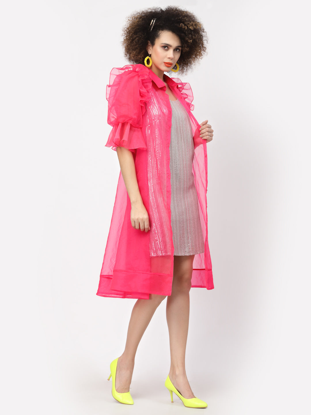 Neon Pink Organza Jacket With Puff Sleeves