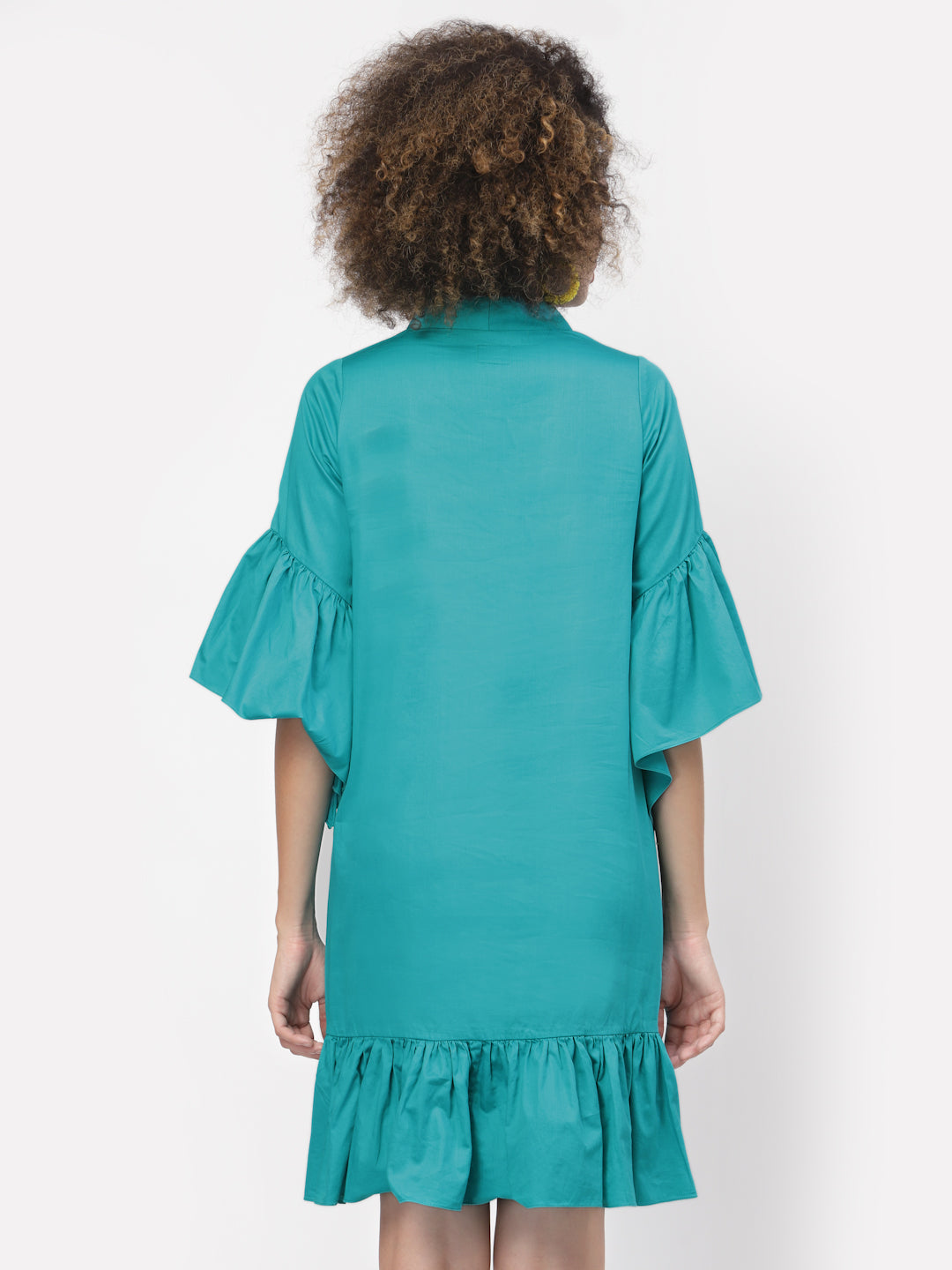 Turquoise Cotton A-line Dress With Frill