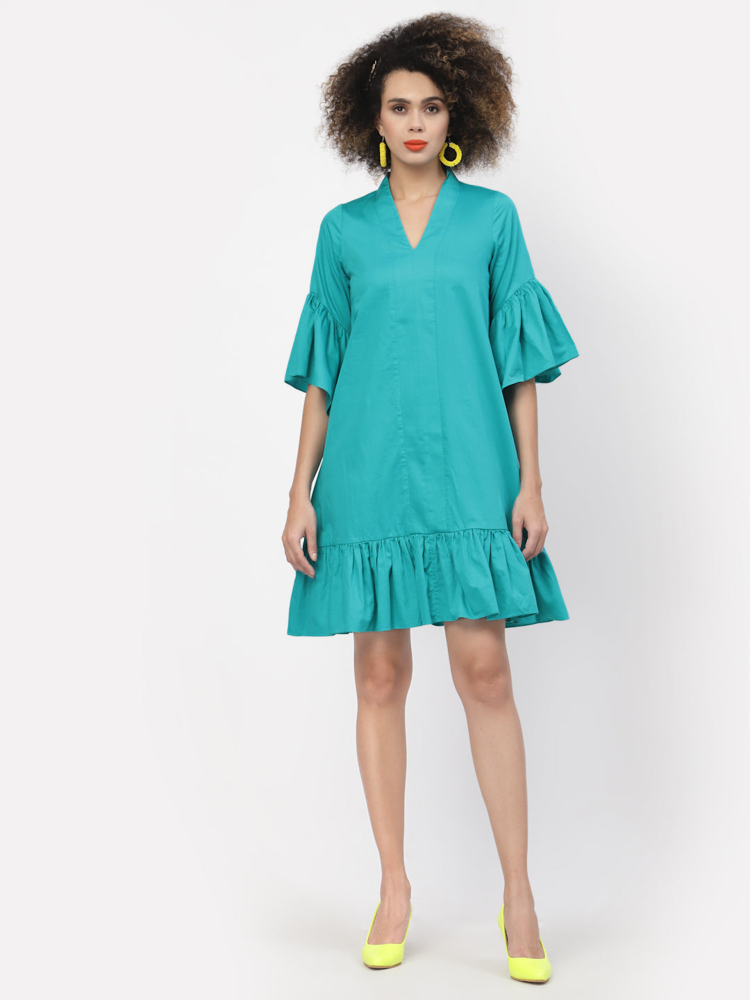 Turquoise Cotton A-line Dress With Frill