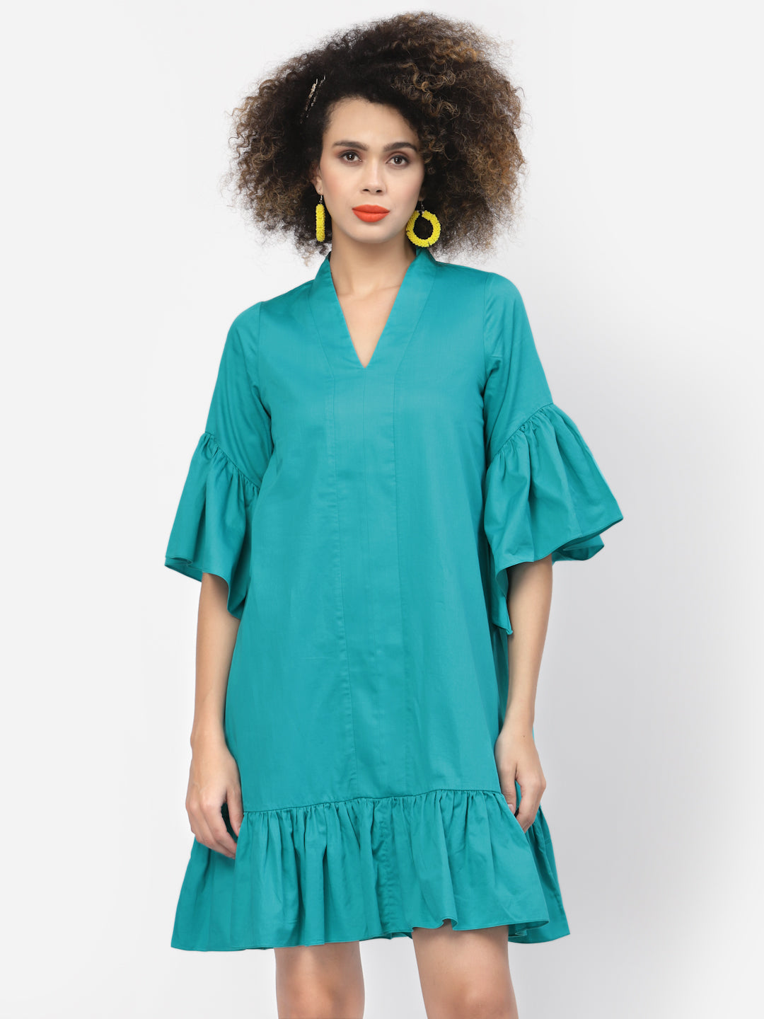 Turquoise Cotton A-line Dress With Frill