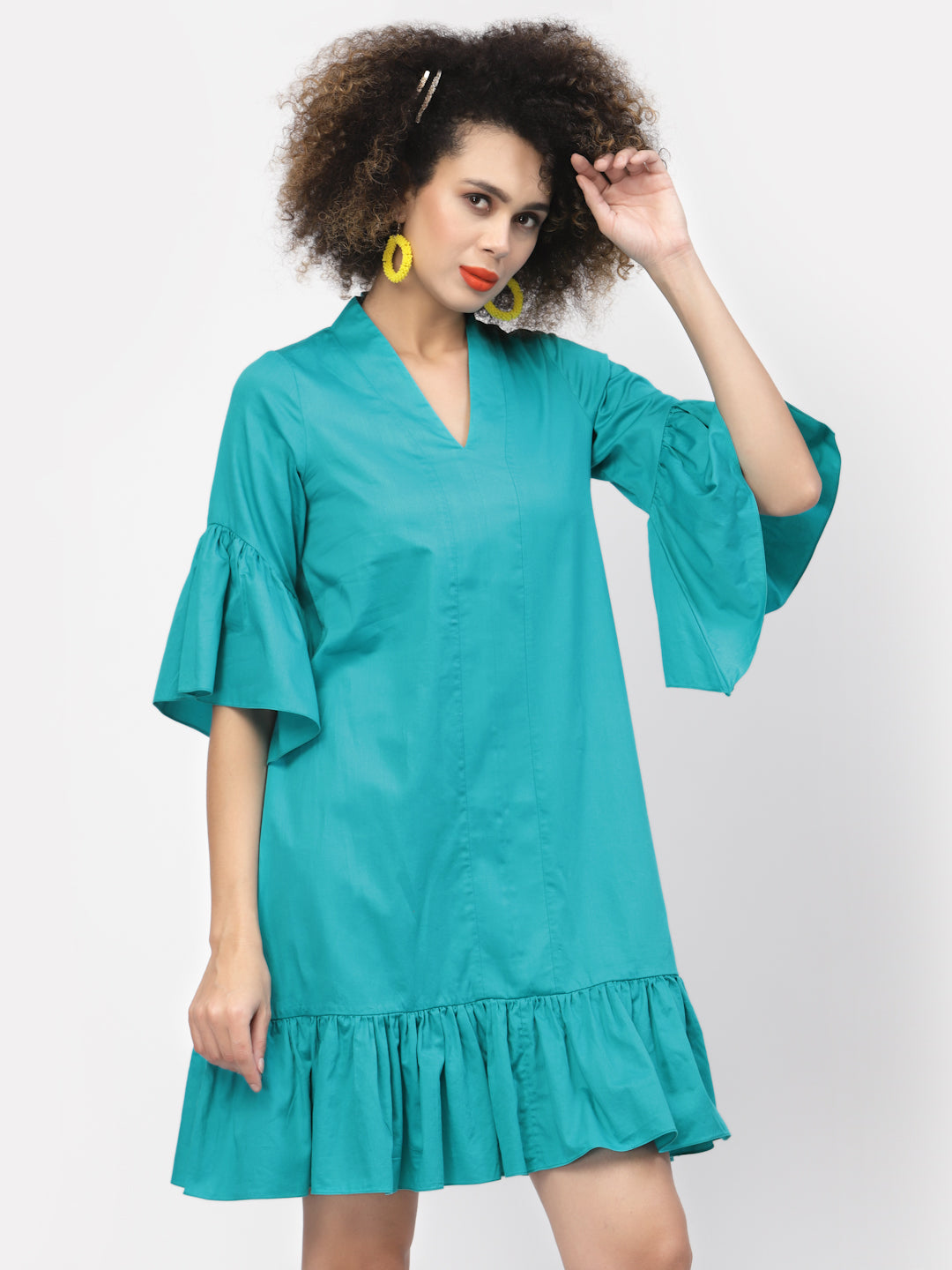 Turquoise Cotton A-line Dress With Frill