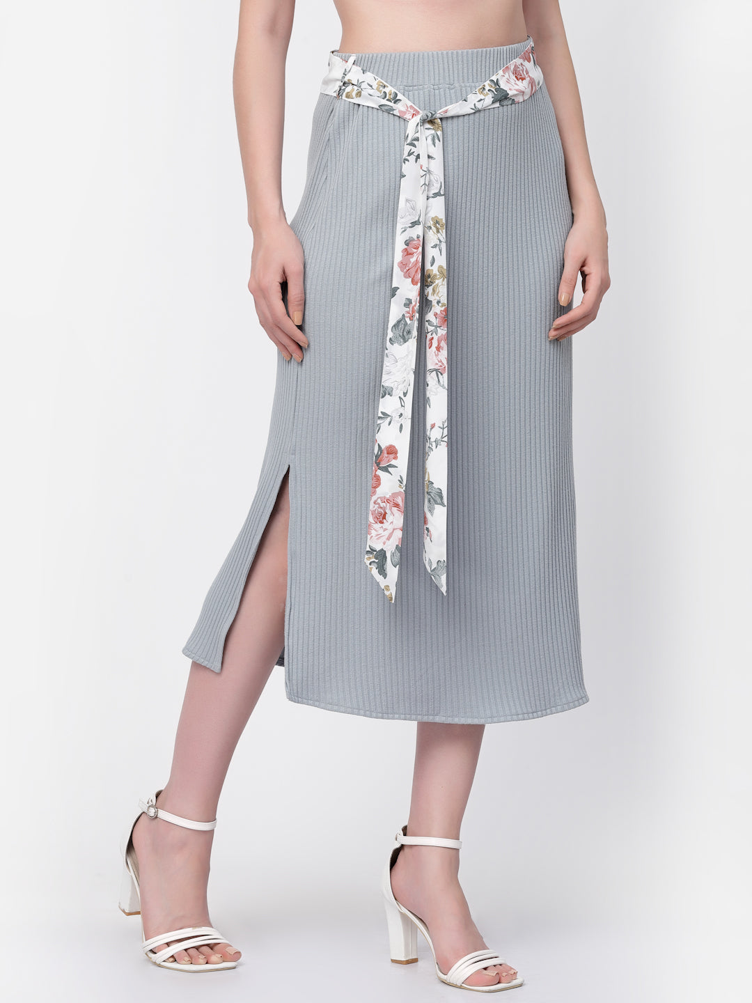 Ribbed Straight Skirt With Slits & Printed Belt