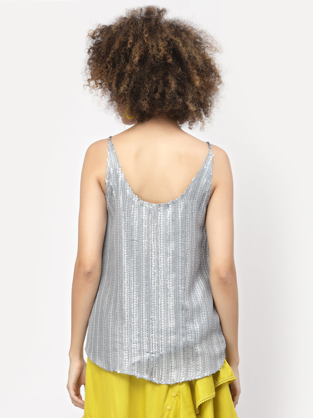 Silver Sequins Spaghetti Top With Lace At Neck