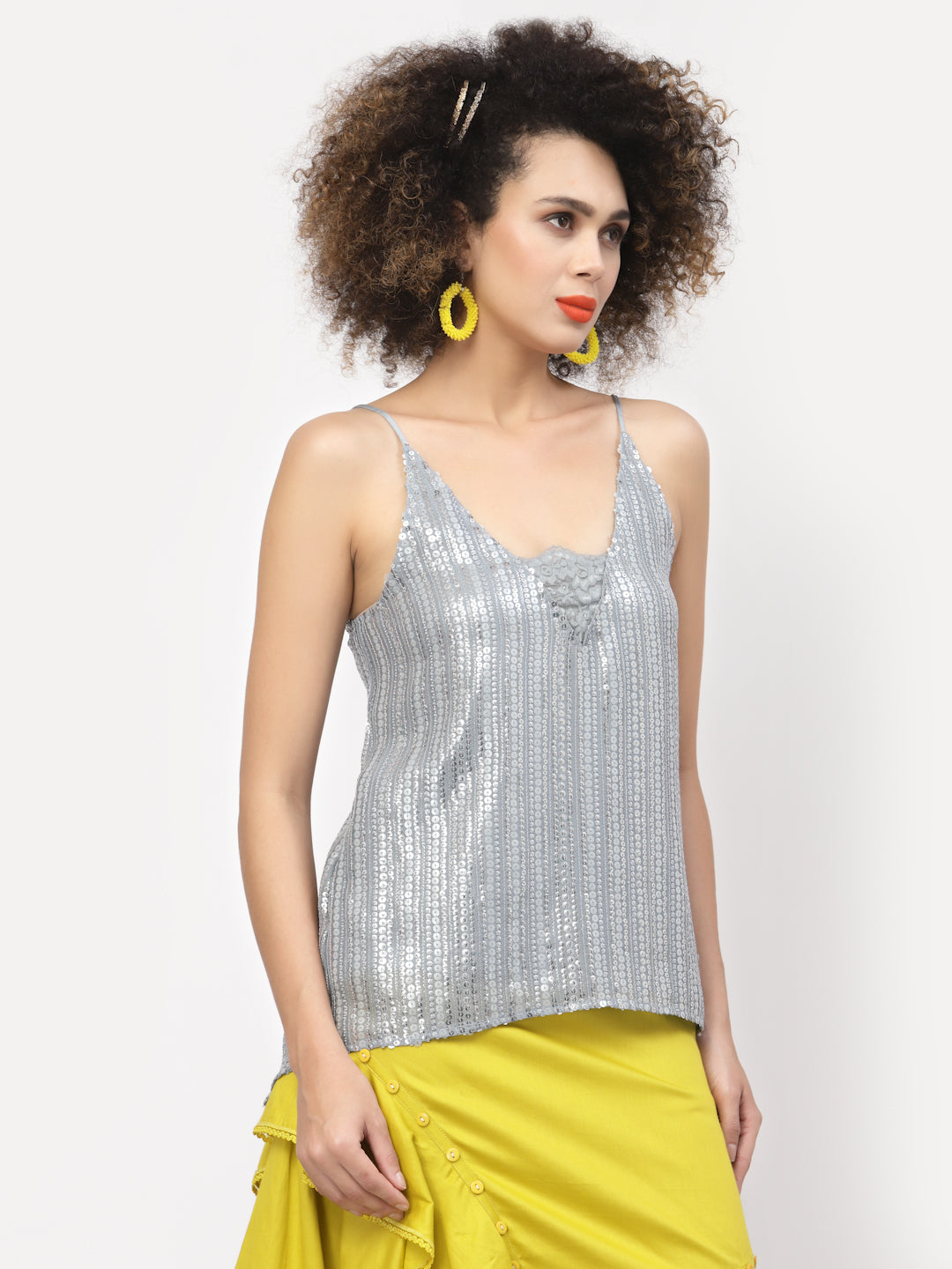 Silver Sequins Spaghetti Top With Lace At Neck