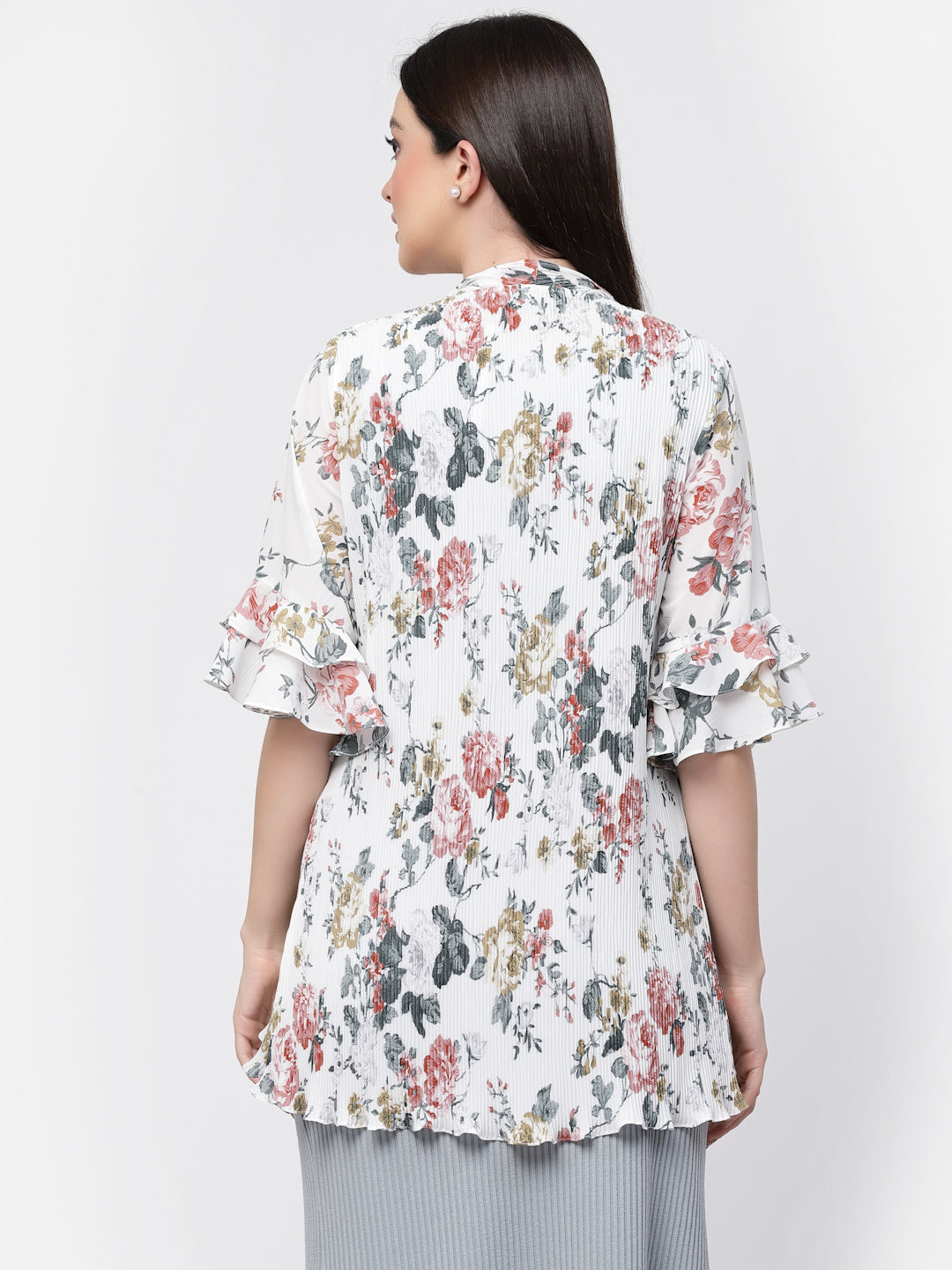 Floral Print Pleated Asymmetrical Shrug