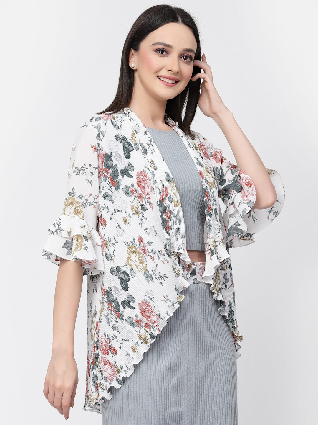 Floral Print Pleated Asymmetrical Shrug