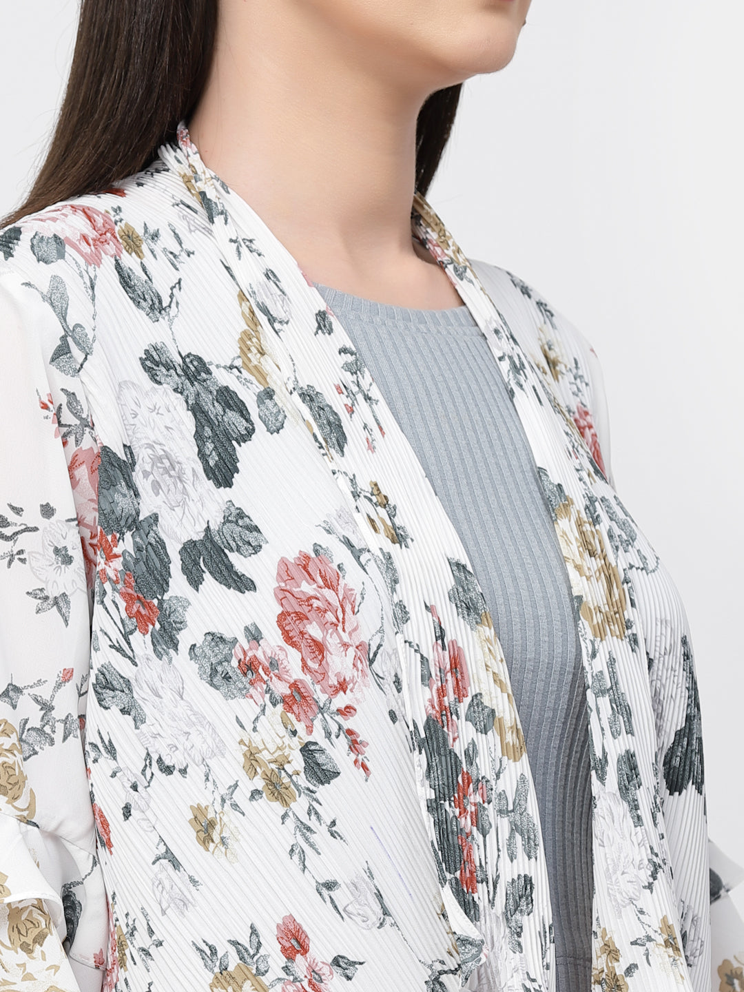 Floral Print Pleated Asymmetrical Shrug